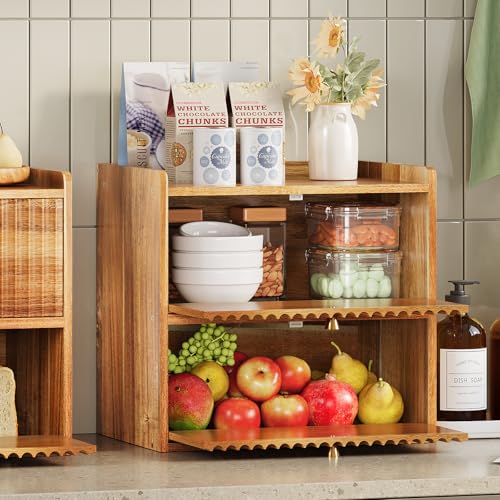 Acacia Bread Box for Kitchen Countertop Wood Bread Storage Container Bin Double Layer BreadBox Farmhouse Large Capacity Food Organizer