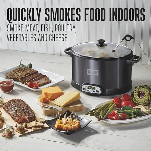 2-in-1 Programmable Slow Cooker & Electric Indoor Smoker, 6 Quart, 3-Tier Smoking Rack for Meat, Cheese and More, Dishwasher Safe Crock, Temperature Probe, Includes 16 oz. Party Dipper, Black
