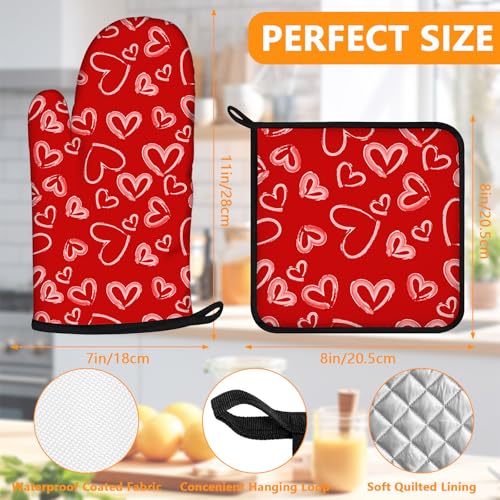 White Love Hearts Oven Mitts and Valentine's Day Pot Holders Sets 4Pcs