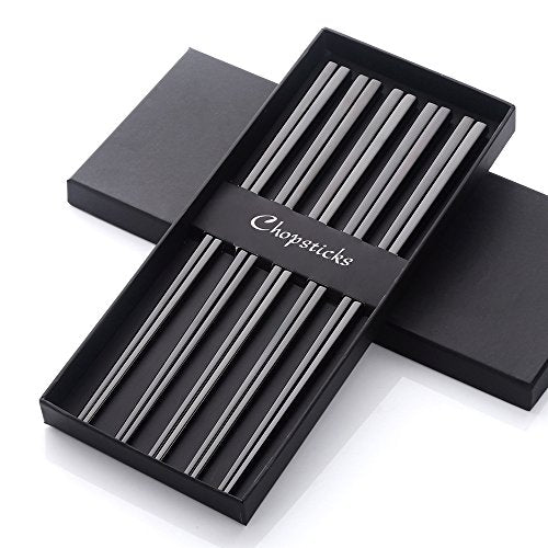 5 Pair Stainless Steel Black Metal Reusable Chinese Square Chopsticks