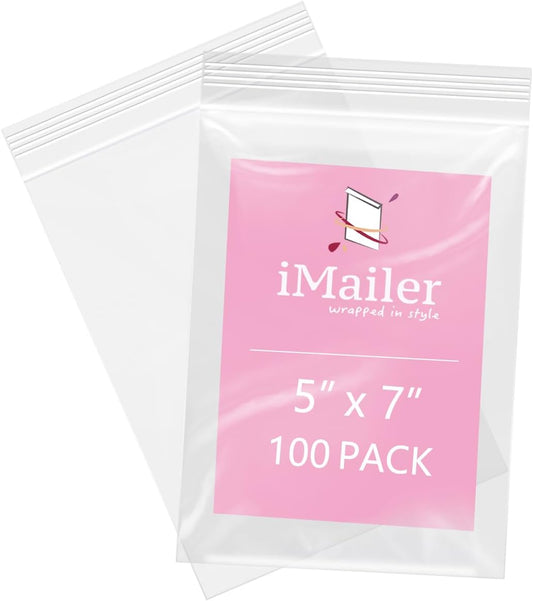 iMailer - 100 Pcs - 5" x 7" Clear Small Zip Bag - Reclosable Zip Plastic Poly Bags 2 Mil with Resealable Lock Seal Zipper for A2 A4 A6 Cards & Envelopes, Bakery, Cookies, Sandwich
