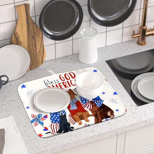 4th of July Patriotic Dogs Dish Drying Mat American Independence Day Dish Dry Pad 16"x18" Absorbent Dishes Drainer Mat for Kitchen Counter