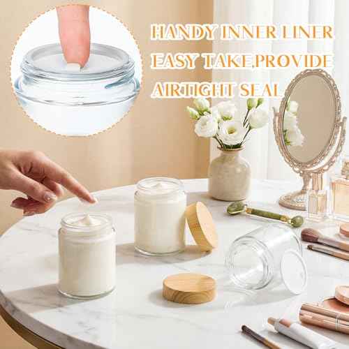 24 Pcs 6oz Glass Jars with Lids Empty Small Glass Containers and Inner Liners Reusable Cosmetic Jars Round Airtight Bottles with Plastic Wood Grain Lids for Travel (24 Count)