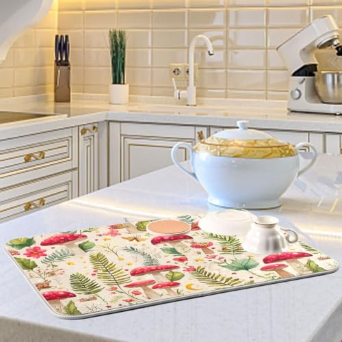 Mushroom Forest Fern Leaves Dish Drying Mat for Kitchen Counter Absorbent Microfiber Drying Pad