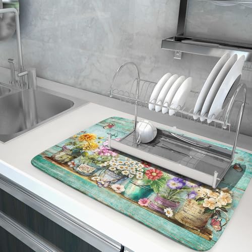 Spring Floral Rustic Dish Drying Mat for Kitchen Counter Absorbent Microfiber Large Drying Pad 18 x 24 Inch Flowers Jars