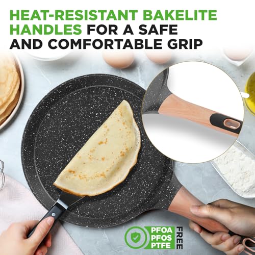 2-Pack Non-Stick Crepe Pan Set, 9.4" Marble Coated Dosa Pans with Wooden Spreaders, Bakelite and Wood Handles, Induction-Compatible, Dishwasher Safe, Even Heat Distribution, Black Marble (2 Count)