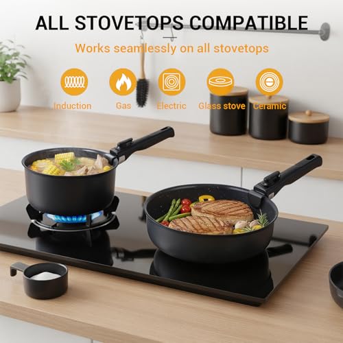 21 Piece Ceramic Pots and Pans Set Non Stick with Detachable Handles and Egg Frying Pan
