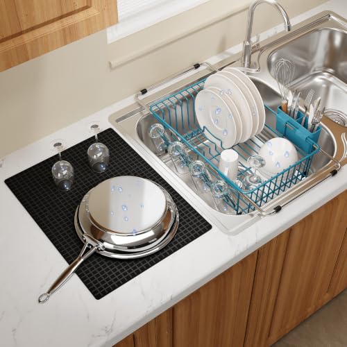 Blue Expandable Dish Drying Rack Over Sink with Extra Drying Mat