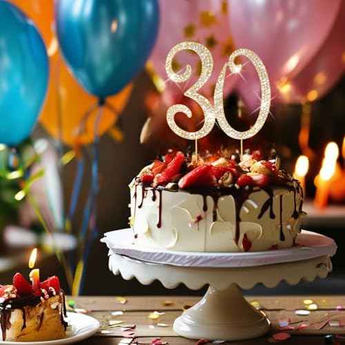 30th Birthday Decorations for Women Rhinestone Gold Cake Topper