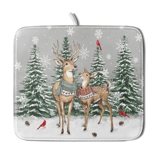 Winter Deer Dish Drying Mat Pine Tree Absorbent Dish Dry Pad Seasonal Microfiber Dish Drainer Mats for Kitchen Counter Coffee Bar 16x18 in