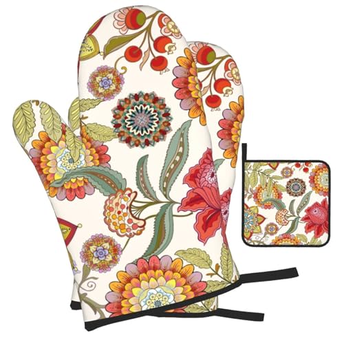 Boho Floral Oven Mitts and Pot Holders Sets of 3 Colorful Flower (3 Count)