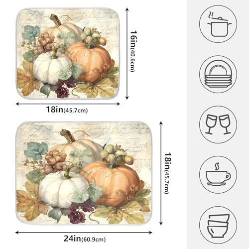 Autumn Pumpkin Fall Leaves Thanksgiving Dish Drying Mat for Kitchen Counter Absorbent Microfiber Large Drying Pad Dish Mats for Kitchen Countertops 18 x 24 Inch