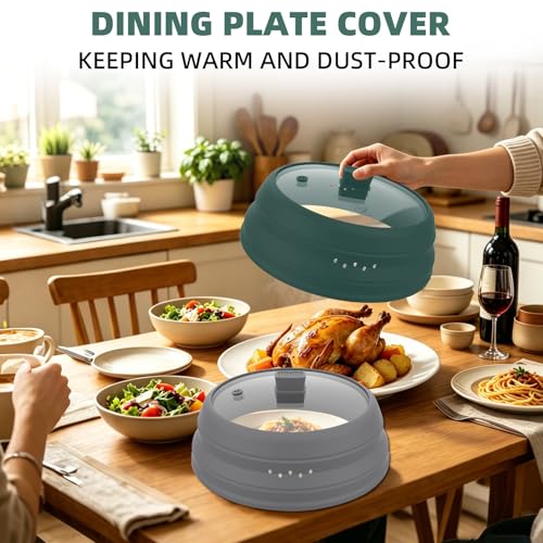 Microwave Splatter Cover Glass Cover Guard Lid with Collapsible Silicone for Food Pot Plate Cover 10.8 inch Dark Green