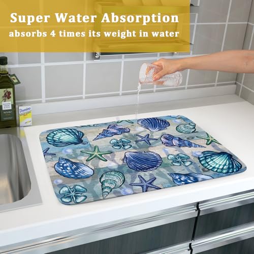 Starfish Seashell Dish Drying Mat 18x24 inch Coastal Beach Dish Drainer Rack Pad Absorbent Microfiber Fast Dry Kitchen Counter Accessories