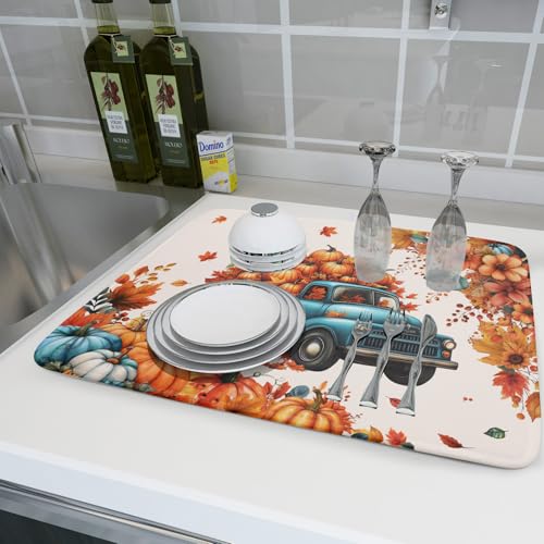 Fall Drying Mats for Kitchen Counter 18×24 Inch Autumn Truck Large Absorbent Microfiber Drying Pad Home Season Accessories
