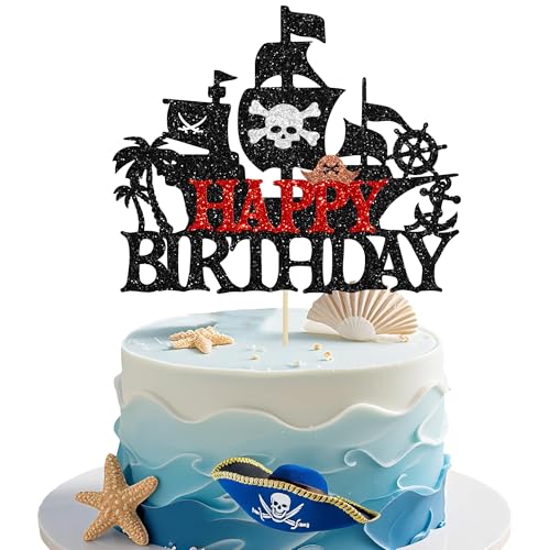 1Pcs Pirates Happy Birthday Cake Topper Pirate Ship Nautical Cake Pick for Pirates Theme Baby Shower Birthday Party Cake Decorations Supplies Red