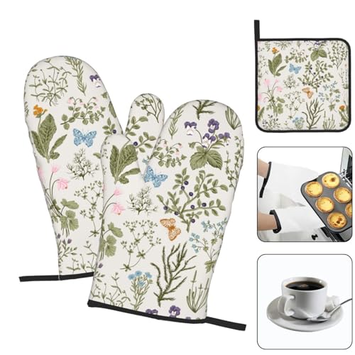 Vintage Floral Oven Mitts and Pot Holders Sets of 3 Cute Botanic (3 Count)