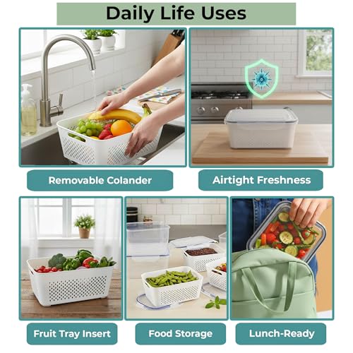 5 Pack Large Fruit Storage Containers for Fridge with Removable Colander (5 Count)