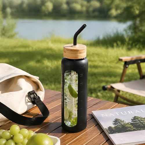 32 oz Glass Water Bottle with Straw and 2 Lids