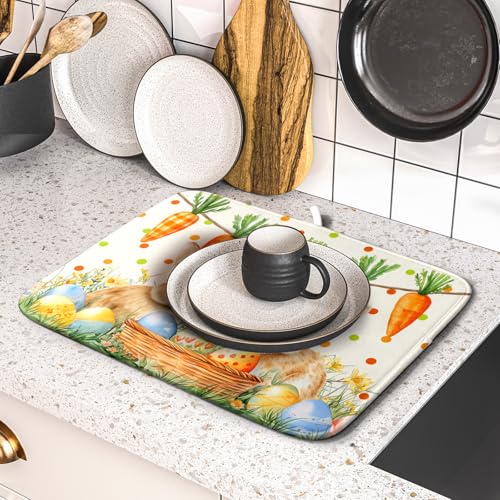 Easter Bunny Dish Drying Mat Eggs Carrot Dishes Drainer Pad Absorbent Reversible Dish Rack Mat Protector for Kitchen Countertop 16x18 Inch