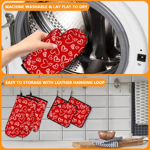 White Love Hearts Oven Mitts and Valentine's Day Pot Holders Sets 4Pcs