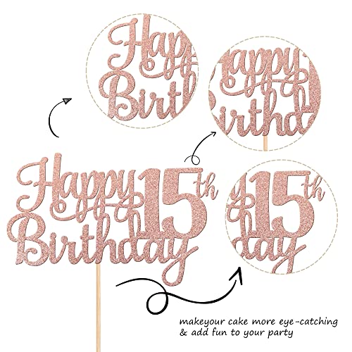 1 PCS Happy 15th Birthday Cake Topper Glitter Cheers to 15 Years Birthday Cake Pick Mis Quince 15 Fabulous Cake Decoration for Happy 15th Birthday Theme Party Decorations Supplies Rose Gold