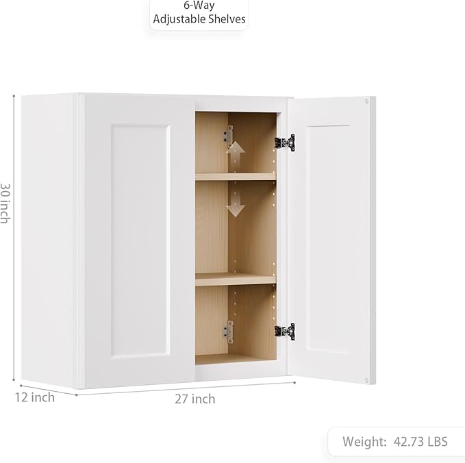 Solid Wood Laundry Room Wall Cabinets, 27 Inch Wide 12 Deep RTA Large Kitchen Storage Organizer Cabinet with 2 Shaker Doors & 2 Adjustable Shelves, Space-Saving for Bathroom, Garage - White