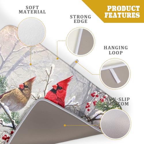 Red Bird Dish Drying Mat Merry Christmas Dishes Pad Absorbent Fast Dry Dish Drainer Mat Protector for Kitchen Counter 18 x 24 Inches