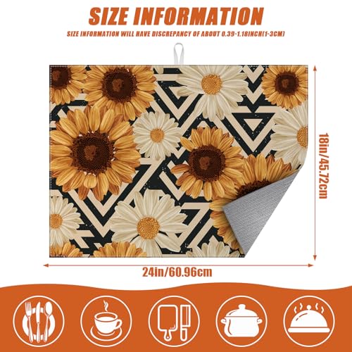 Vintage Sunflower Daisy Dish Drying Mat for Kitchen Counter Microfiber Absorbent Dish Kitchen Drying Mat Draining Reusable Washable for Dishes