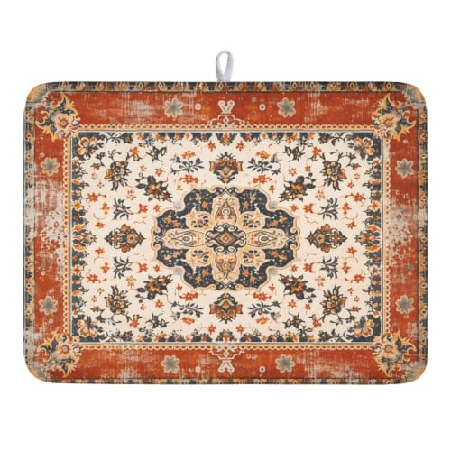 Ethnic Boho Dish Drying Mat Rust Coral Floral Decorative Dishes Pad 18x24 Inch Absorbent Fast Dry Drainer Rack Mats for Kitchen Countertop