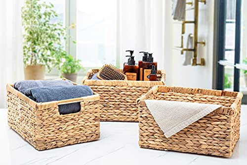 Large Wicker Basket Rectangular with Wooden Handles for Shelves (3 Count)