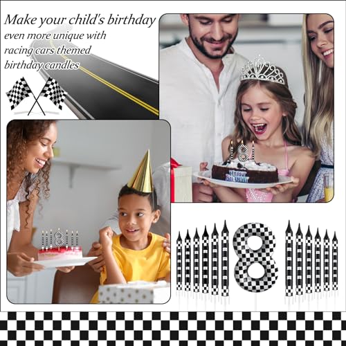 13 Pcs Racing Cars Themed Birthday Candles Black and White Race Number 8 Checkered Candle Cake Topper for Racing Car Party Decoration Supplies (13 Count)