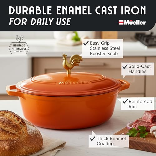 MUELLER HOME 5.5 Quart Enameled Cast Iron Oval Dutch Oven w Rooster Knob & Cotton Potholders