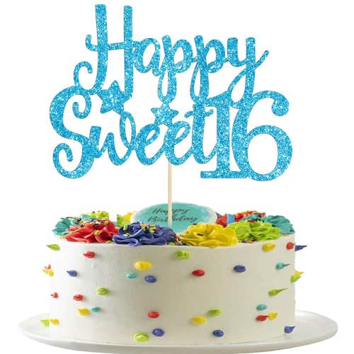 1Pc Happy Sweet 16 Cake Topper Glitter 16th Birthday Cake Pick for Cheers to 16 Years Old 16th Birthday Party Cake Decorations Supplies Light Blue