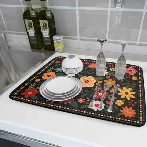 Boho Floral Dish Drying Mat 18x24 Inch Colorful Flower Dishes Dry Mats Absorbent Washable Drainer Rack Pad Protective Kitchen Counter Decor