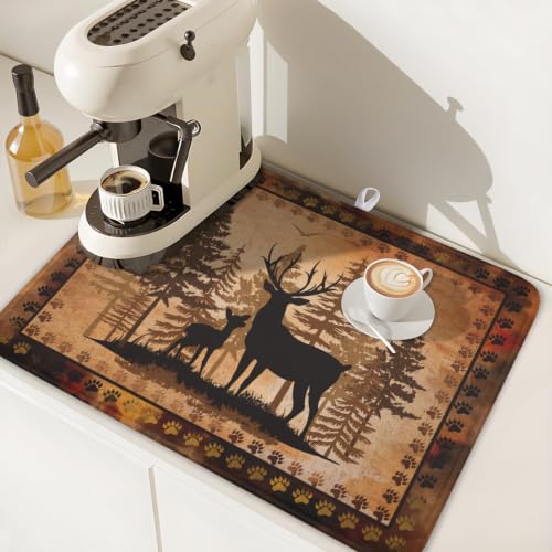 Forest Deer Dish Drying Mat Wildlife Animal Dishes Pad 18"x24" Microfiber Absorbent Fast Dry Drainer Rack Mats for Kitchen Countertop Decor