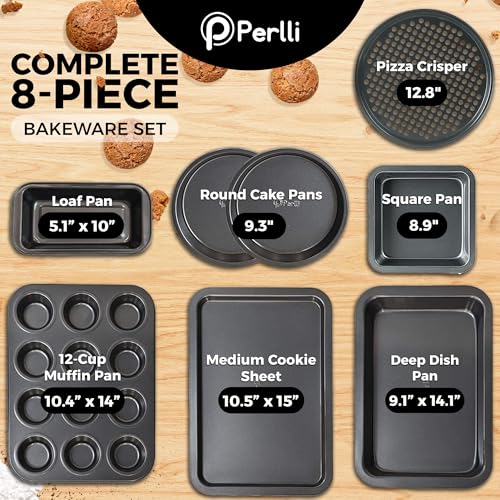 Non-Stick 8-Piece Bakeware Set – Carbon Steel with Even Heat Distribution, Oven Safe to 446°F, BPA-Free, Dishwasher Safe, Stackable Baking Tools for Easy Storage and Everyday Cooking - Gray