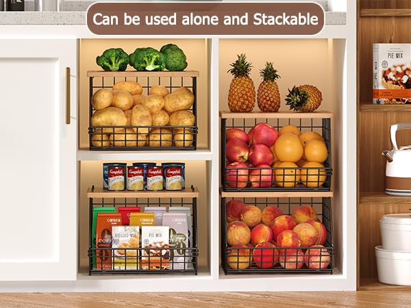 2 Set Stackable Wire Basket with Wooden Tops & Pad for kitchen organizers and storage (2 Count)