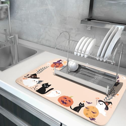 Fuuny Ghost Dish Drying Mats Holiday Decor Drying Pad Black Cat Drainer Rack Mats for Coffee Bar 18 X 24 Inch