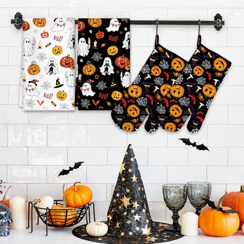 Halloween Pumpkin Kitchen Towels and Oven Mitts Set (4 Count)