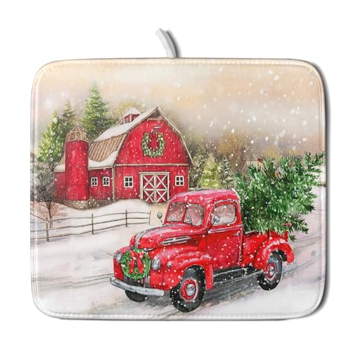 Red Truck Dish Drying Mat Xmas Tree Dish Drainer Rack Mat Winter Microfiber Absorbent Drying Pad for Home Kitchen Counter Decor 16x18 Inch