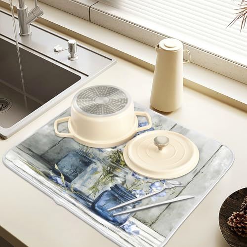 Vintage Blue White Flower Jars3 Dish Drying Mat for Kitchen Counter Absorbent Microfiber Large Drying Pad Dish mats for Kitchen Countertops 18 x 24 Inch