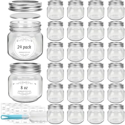 24 Pack 8 oz Clear Glass Mason Jars with Silver Metal Split Lids (24 Count)