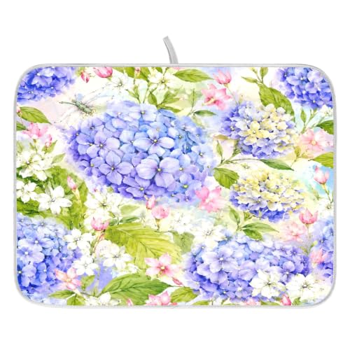 Floral Hydrangea Garden Dish Drying Mat for Kitchen Counter Absorbent Microfiber Small Drying Pad Dish mats for Kitchen Countertops 16 x 18 Inch