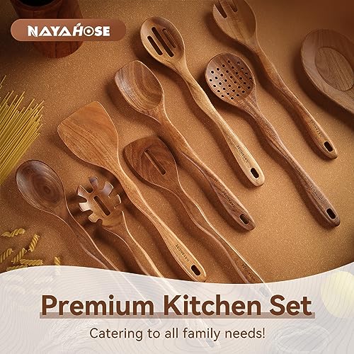 Kitchen 10PCS Teak Wooden Utensils Set With Holder and Spoon Rest (10 Count)
