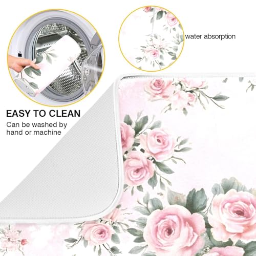 Floral Pink Roses Bouquets Dish Drying Mat for Kitchen Counter Absorbent Microfiber Drying Pad