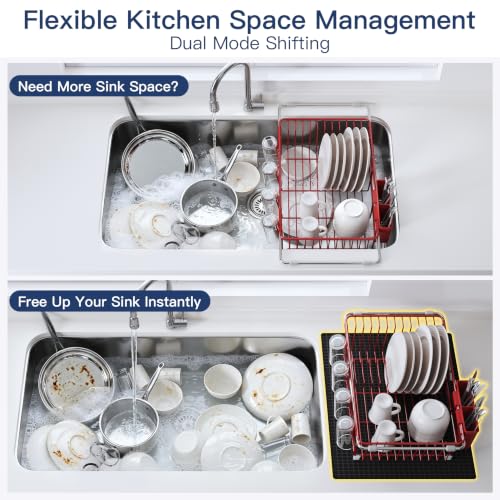 Red Dish Drying Rack in Sink with Mat