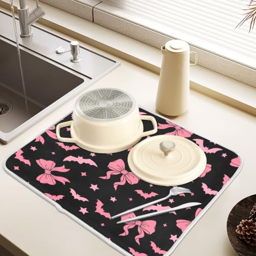 Halloween Dish Drying Mat for Kitchen Counter Absorbent Microfiber Small Drying Pad Dish Pink Bat Bow Mats for Kitchen Countertops 16 x 18 Inch