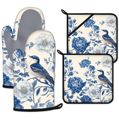 Blue Bird Blooming Flower Oven Mitts and Pot Holders Sets Heat Resistant 4Pcs Potholders Oven Gloves Hot Pads for Kitchen Baking Cooking Grilling BBQ (4 Count)