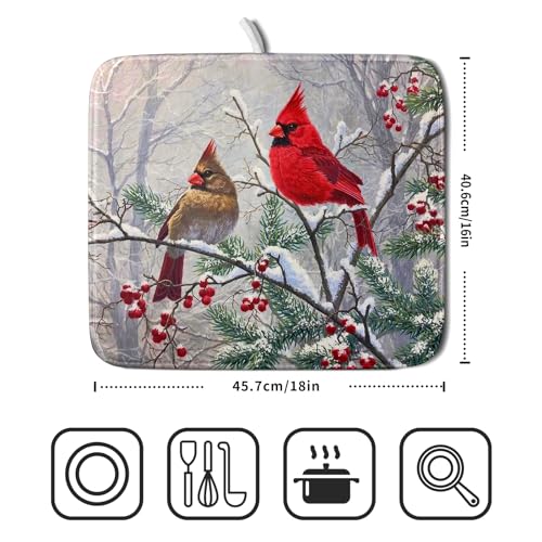 Red Bird Dish Drying Mat Merry Christmas Dishes Pad Absorbent Fast Dry Dish Drainer Mat Protector for Kitchen Counter 16 x 18 Inches